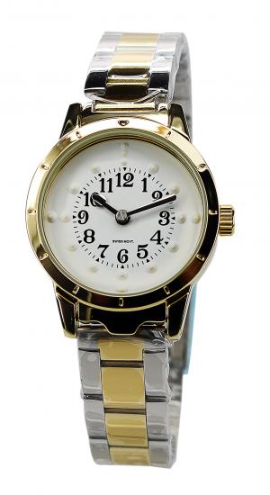 Tactile Watch for Ladies-White Dial/Steel Band-Gold Bezel